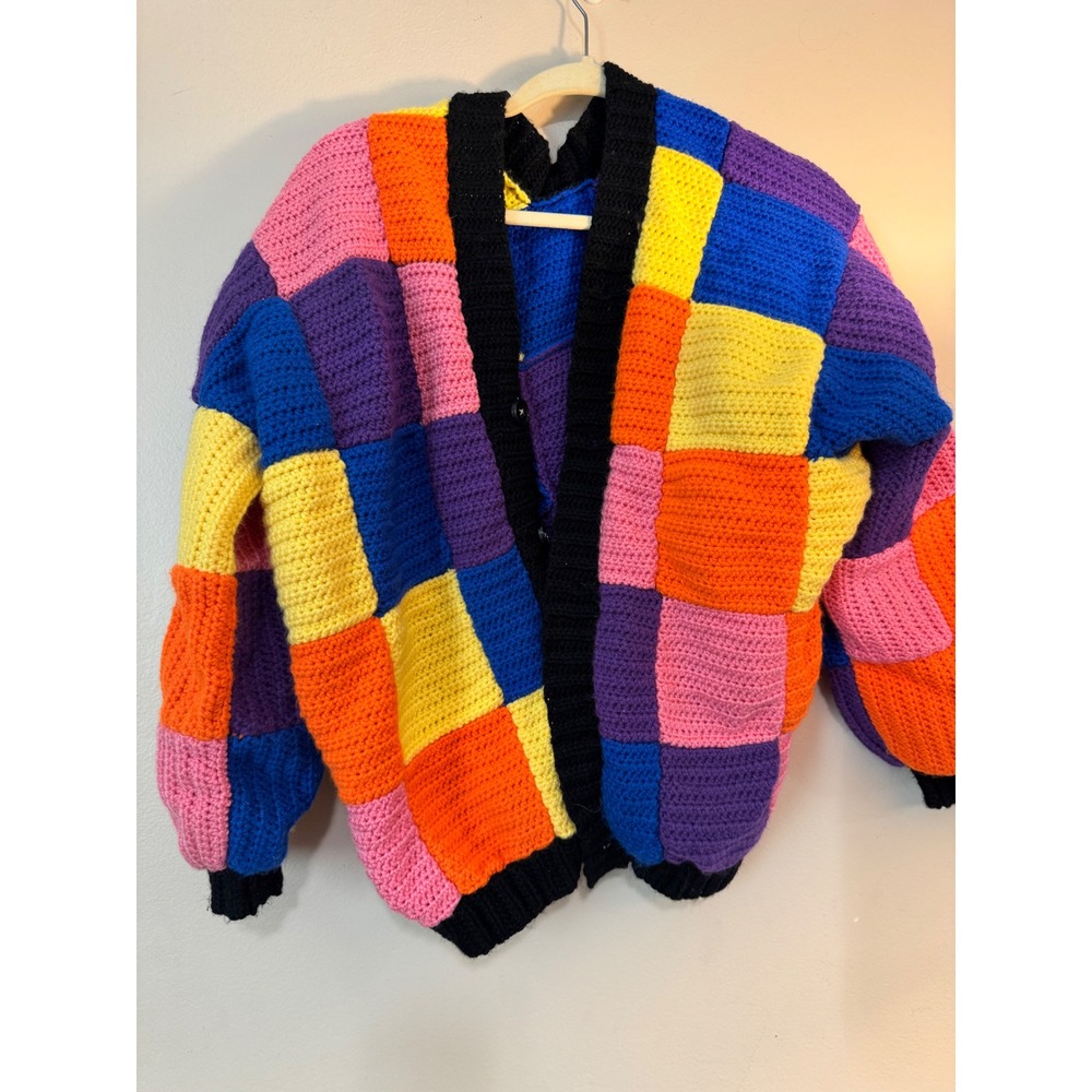 Handmade Crochet Patchwork Cardigan Multi Color Block Chunky Knit Sweater
